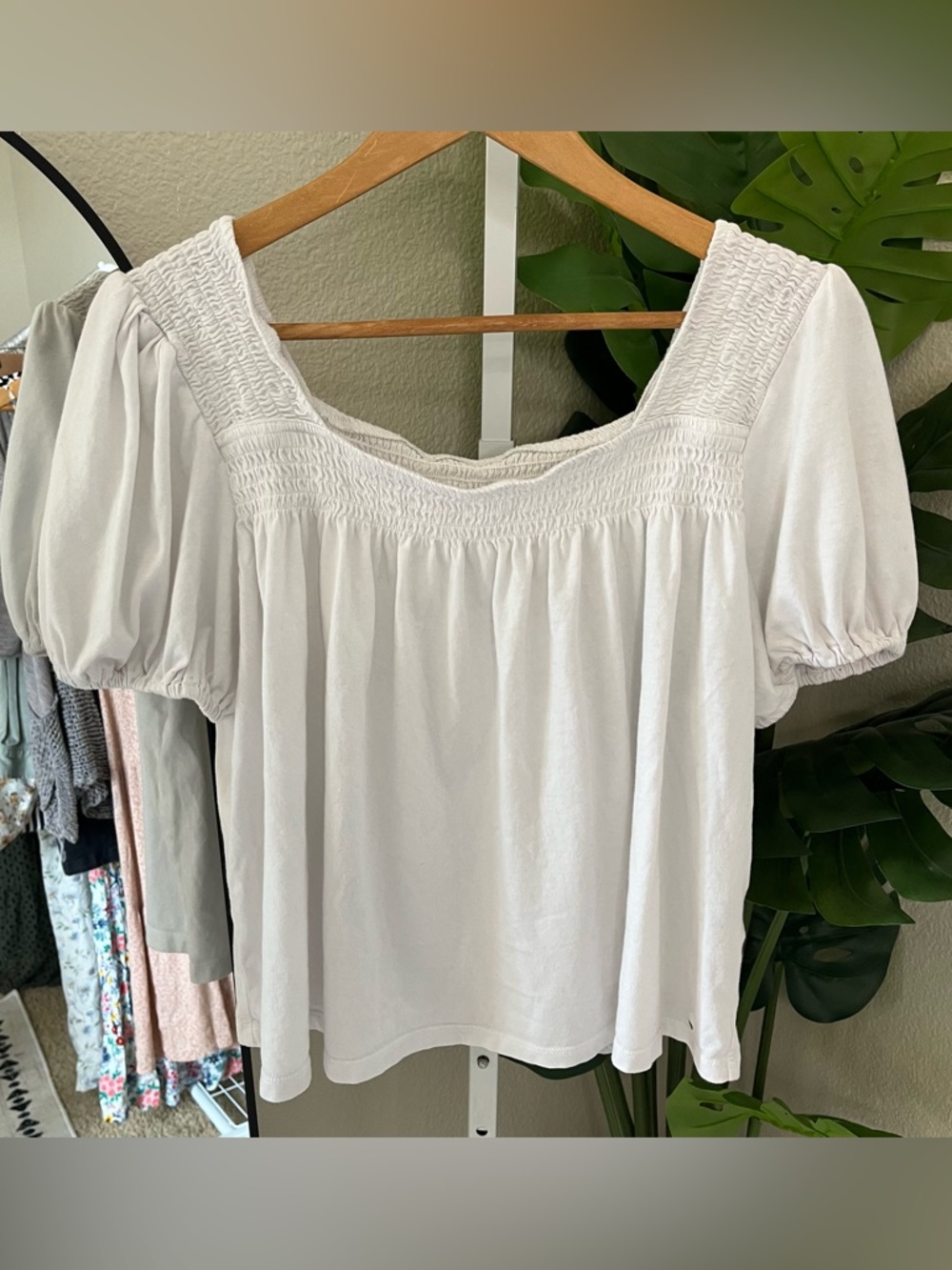 Tommy Hilfiger White Smocked Square-Neck Blouse Sz XL
